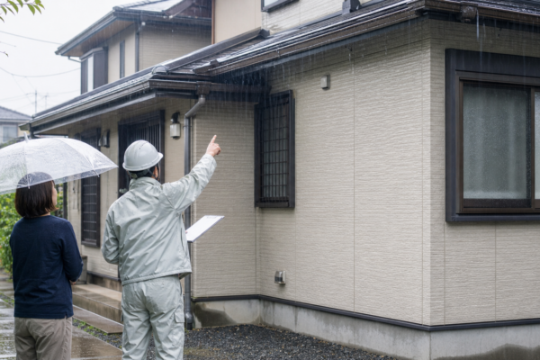 雨天時に住宅の外壁と雨がかりを確認する建物調査の様子