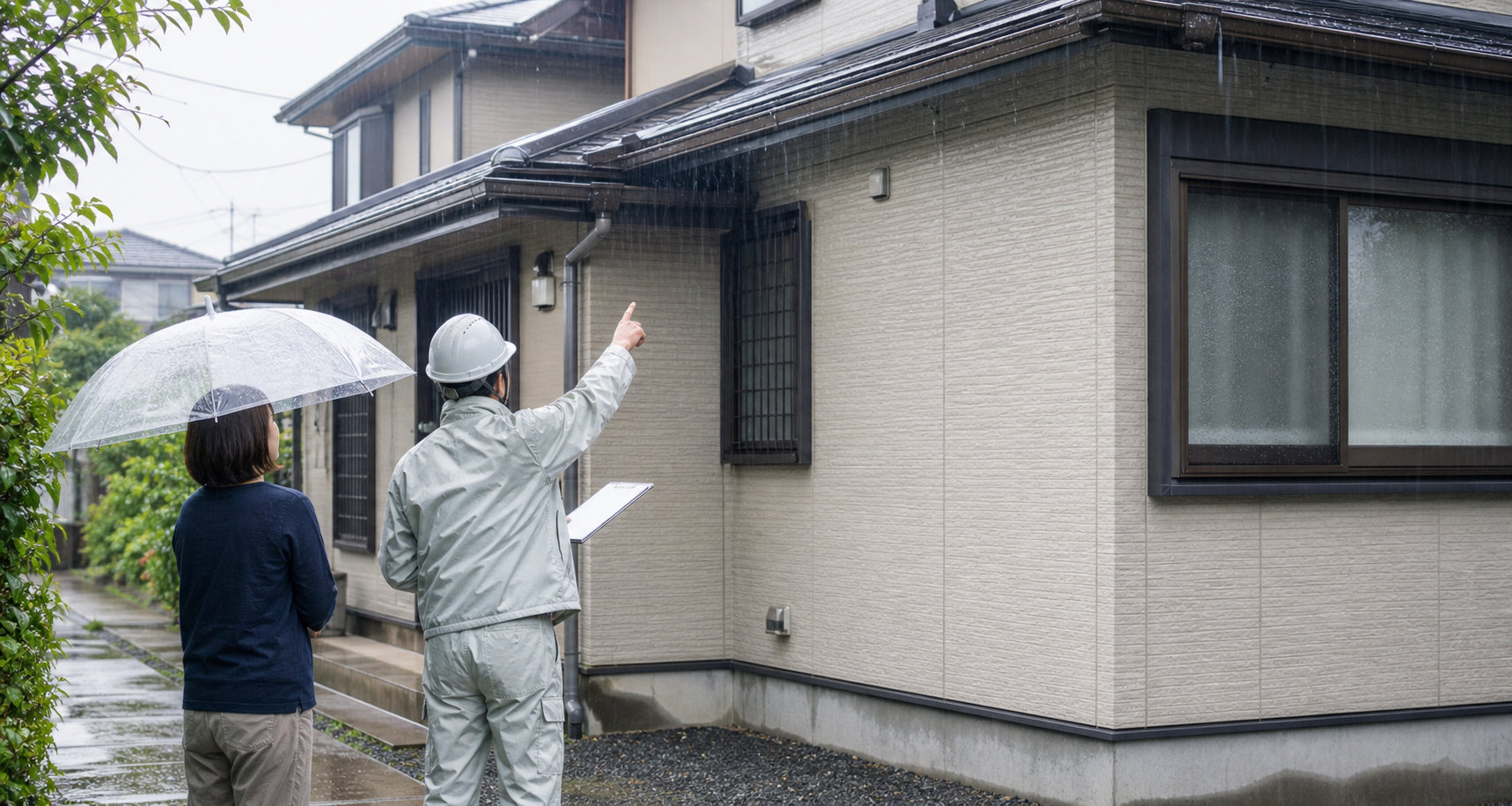 雨天時に住宅の外壁と雨がかりを確認する建物調査の様子